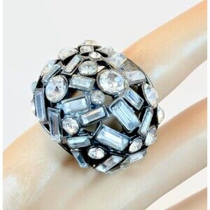 Vintage Dome Ring, Statement, Gunmetal, Rhinestones,  Retro, 1980s